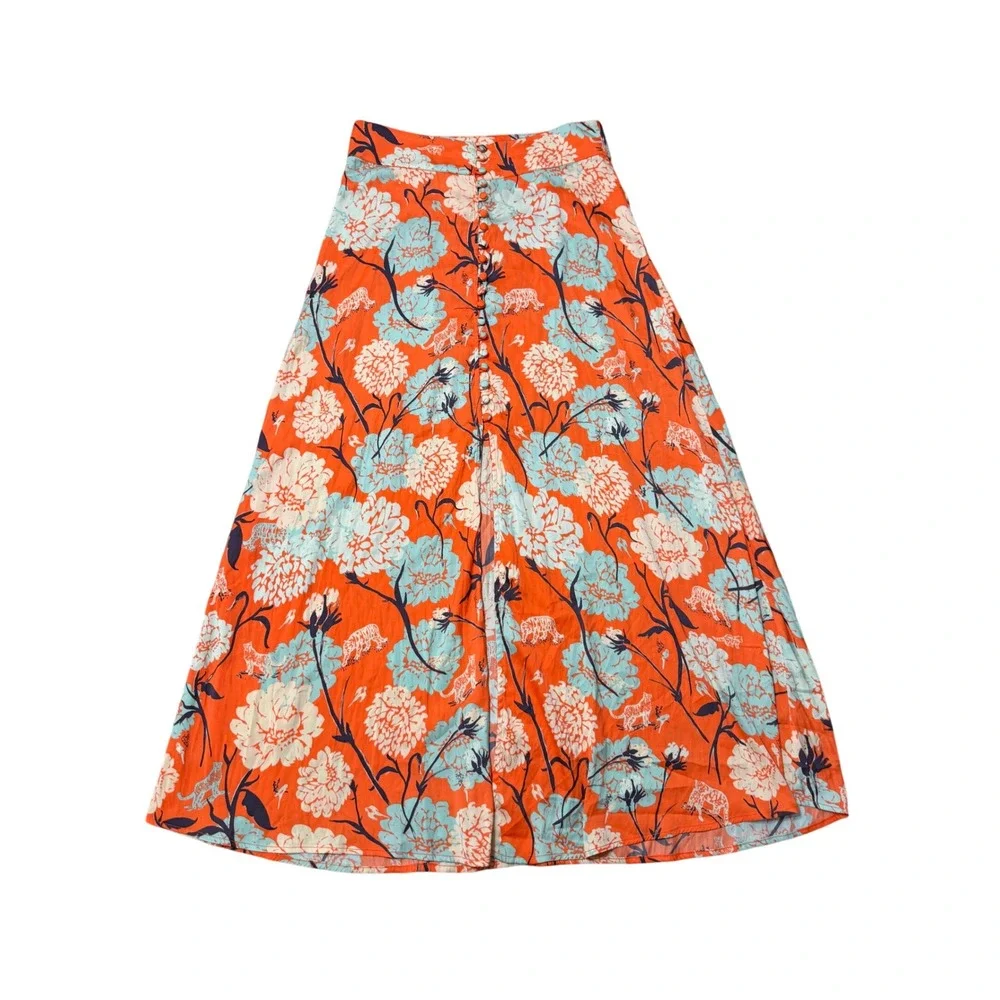 Free People Sammy Printed Maxi Skirt Size 6 Orange Floral Tiger Button Front